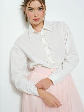 Classic White Bow-Front Button-Down Shirt